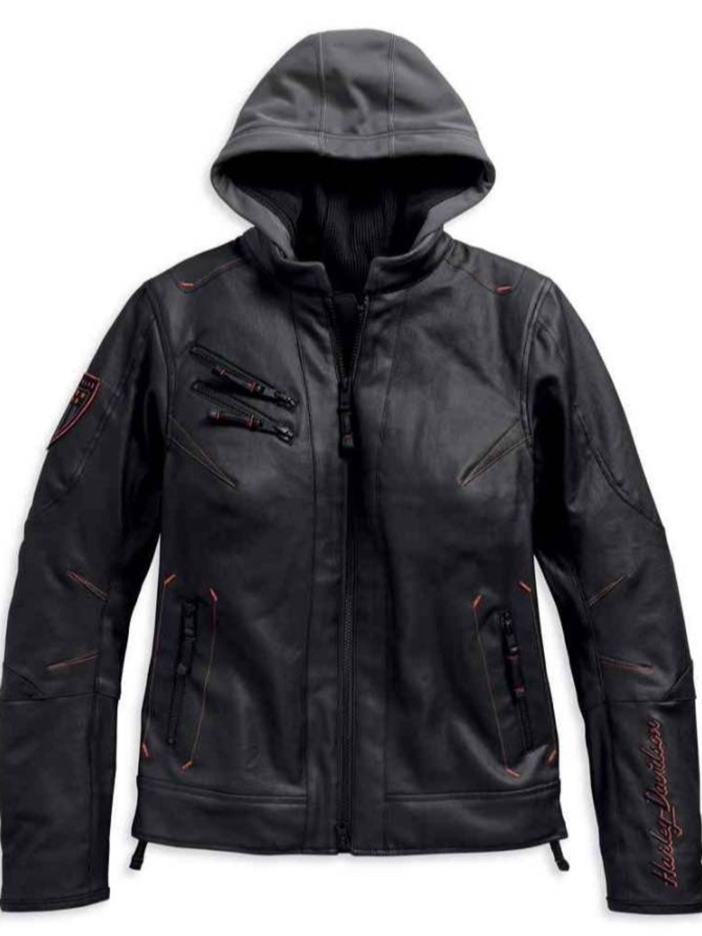 Harley-Davidson Black Leather Hooded Jacket with Red Accent Stitching - Women's